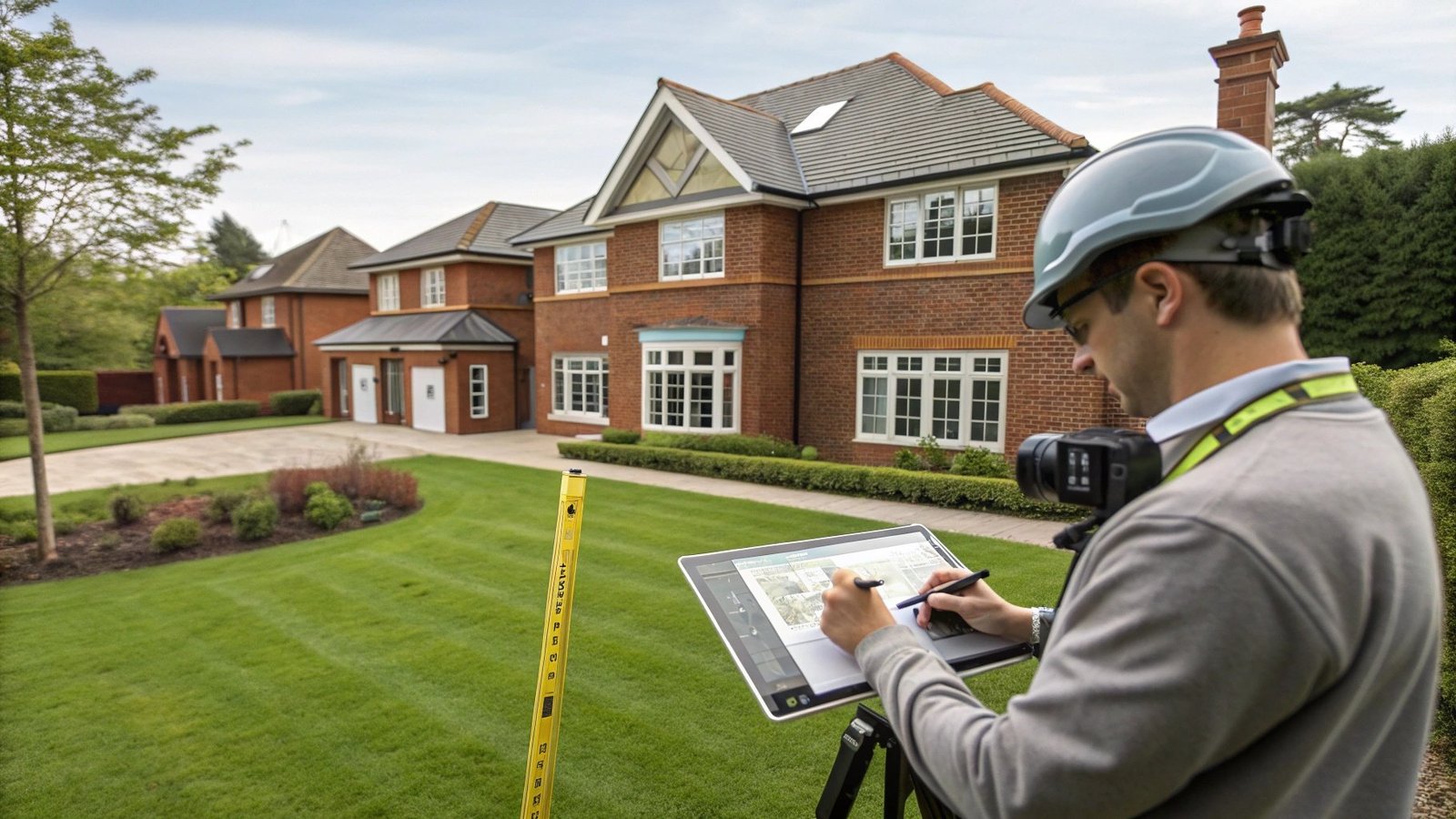 Professional property surveyor documenting building inspection