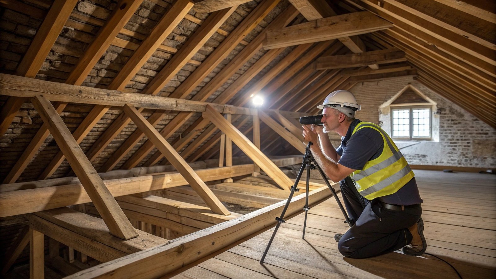 Building surveyor examining roof structure during comprehensive Level 3 survey
